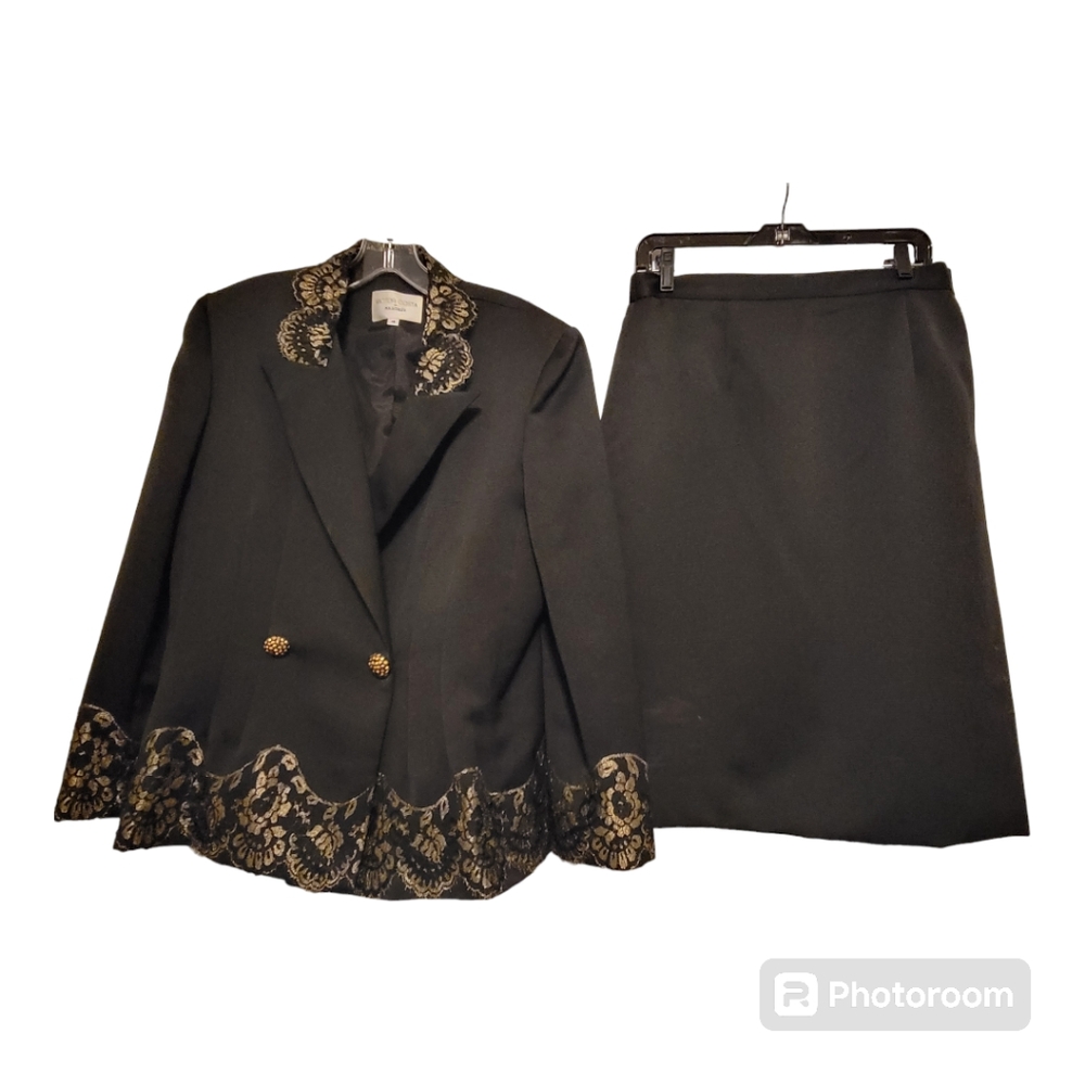 Black Skirt Suit with Gold Button & Lace Embellishments - Size 14